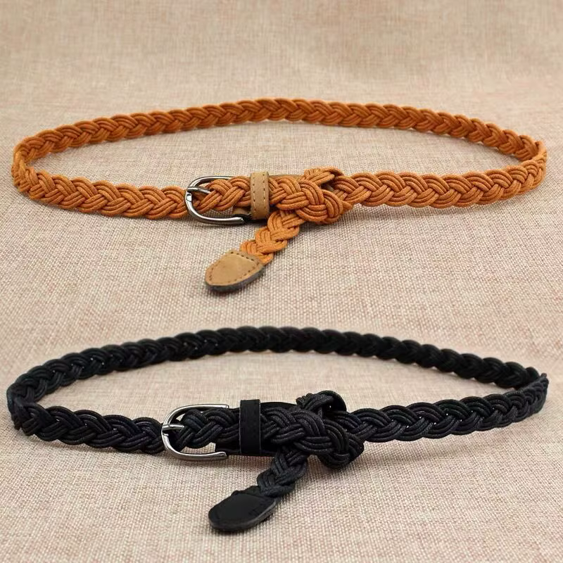 Ceinture fine tressée en corde de chanvre avec décoration de chaîne de taille, boucle noire simple, petite ceinture en cuir avec nœud en corde de cire pour femmes
