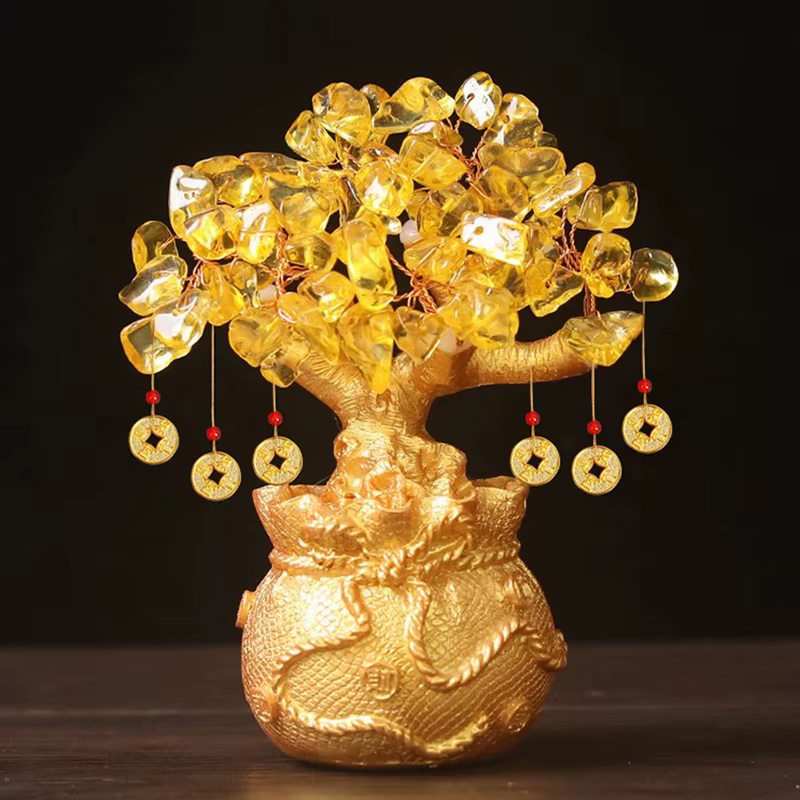 Arbre porte-bonheur en cristal jaune, arbre à argent naturel, ornements style bonsaï, ornements Feng Shui pour la richesse et la chance, artisanat