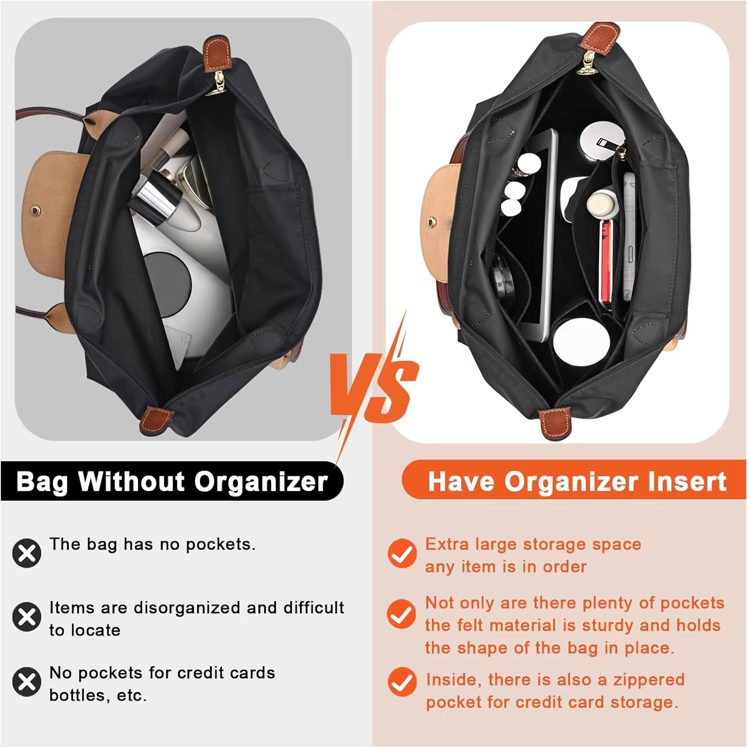Insert de sac à main en feutre, insert de sac à main Longchamp Le Pliage