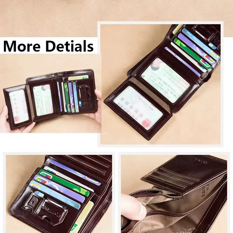 Portefeuilles pour hommes blocage RFID en cuir véritable à trois volets portefeuille court d'affaires