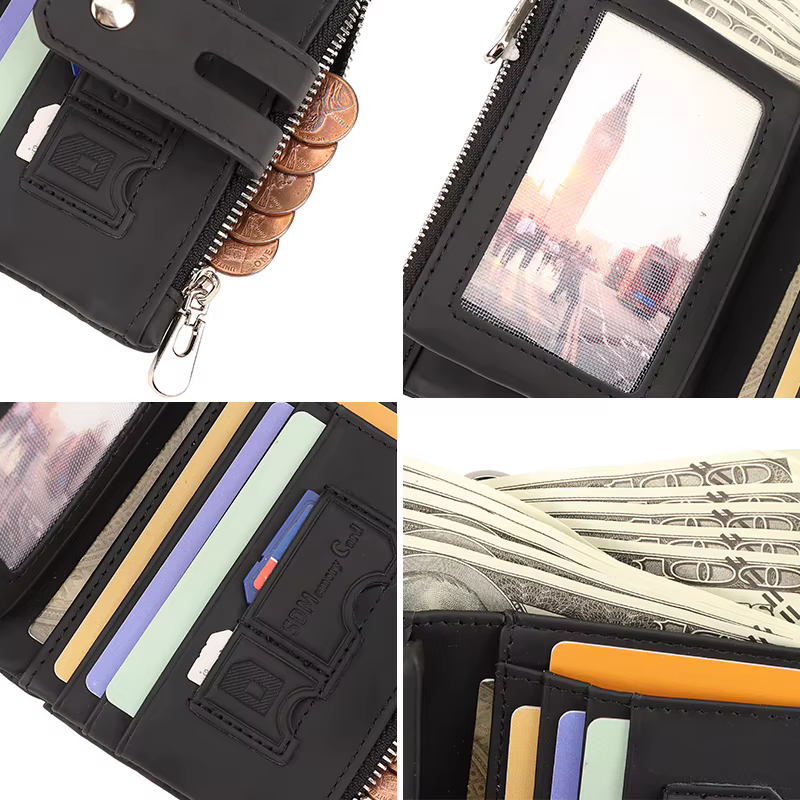 KAVIS portefeuille en cuir véritable pour hommes RFID porte-carte de crédit sac à main court Double fermeture éclair poche à monnaie mâle à deux volets Billeteras