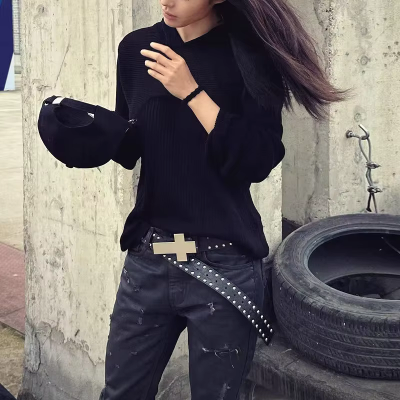 Ceinture unisexe style Harajuku punk cloutée avec croix