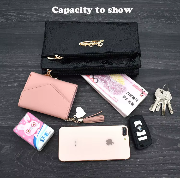 Portefeuille femme quatre fermeture éclair longue pochette 3D moletage rétro en cuir sac à main sac
