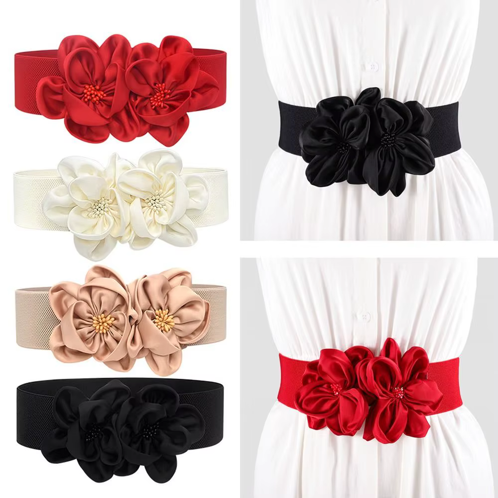Femmes mode florale large ceinture élastique Chic décontracté grandes fleurs