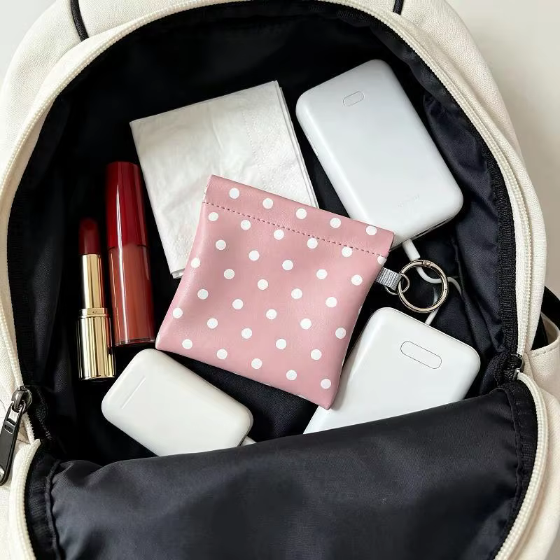 Porte-monnaie à ressort en cuir PU à pois avec porte-clés