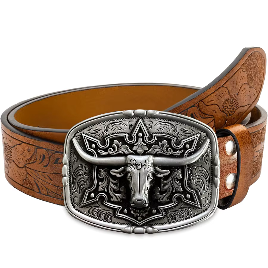 Ceinture pour hommes de Style Couple de Cowboy occidental-motif irrégulier sculpture fleur longue corne tête de vache