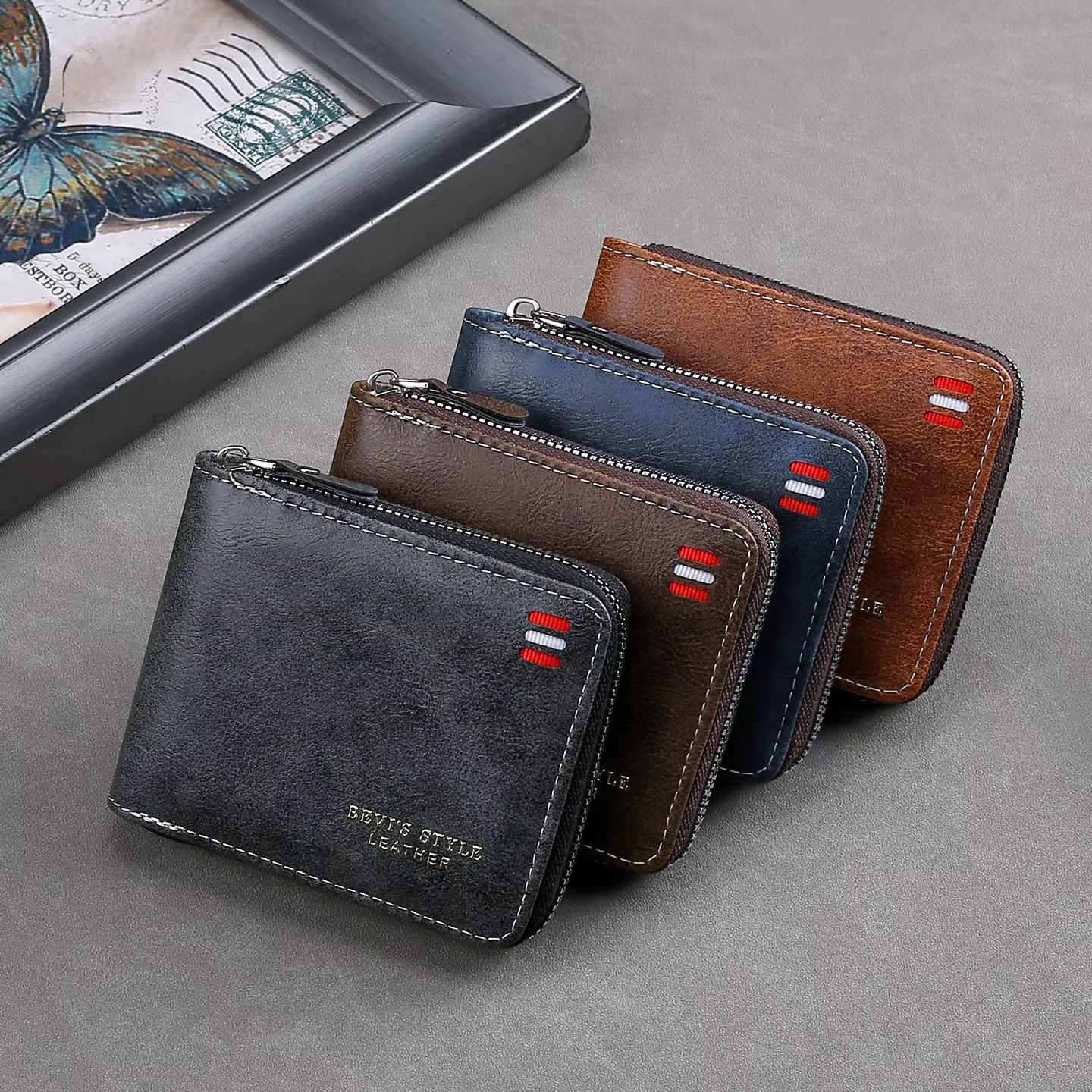 Portefeuille court vintage pour hommes – Porte-monnaie à trois volets avec fermeture éclair