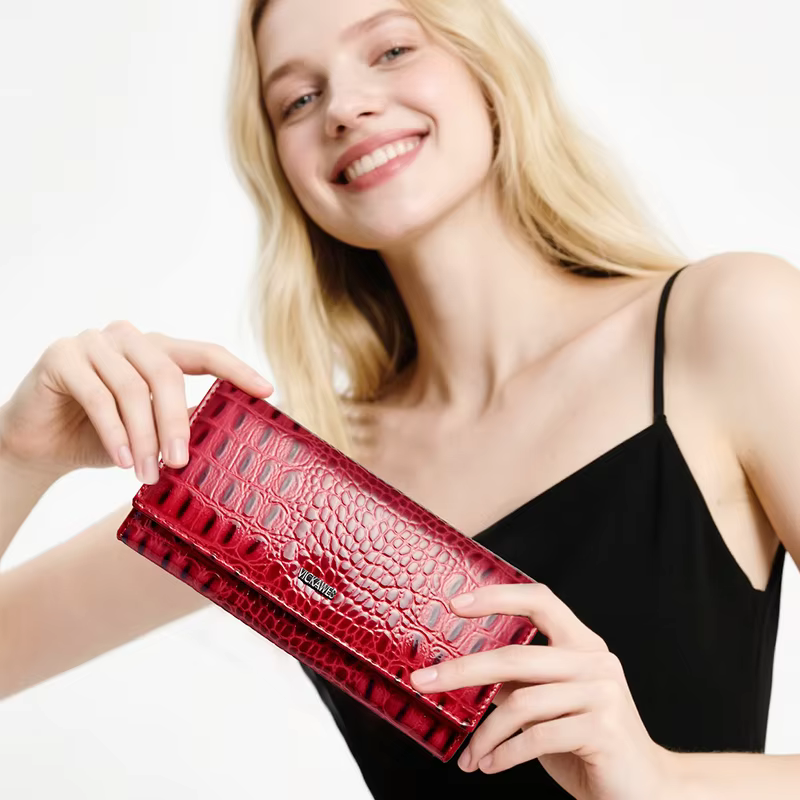 Long portefeuille à pression magnétique pour femmes en cuir véritable mode Alligator fermeture éclair moraillon femme