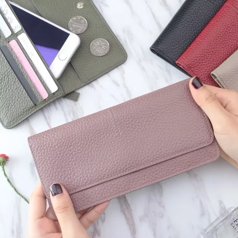 Portefeuille long en cuir véritable pour femme