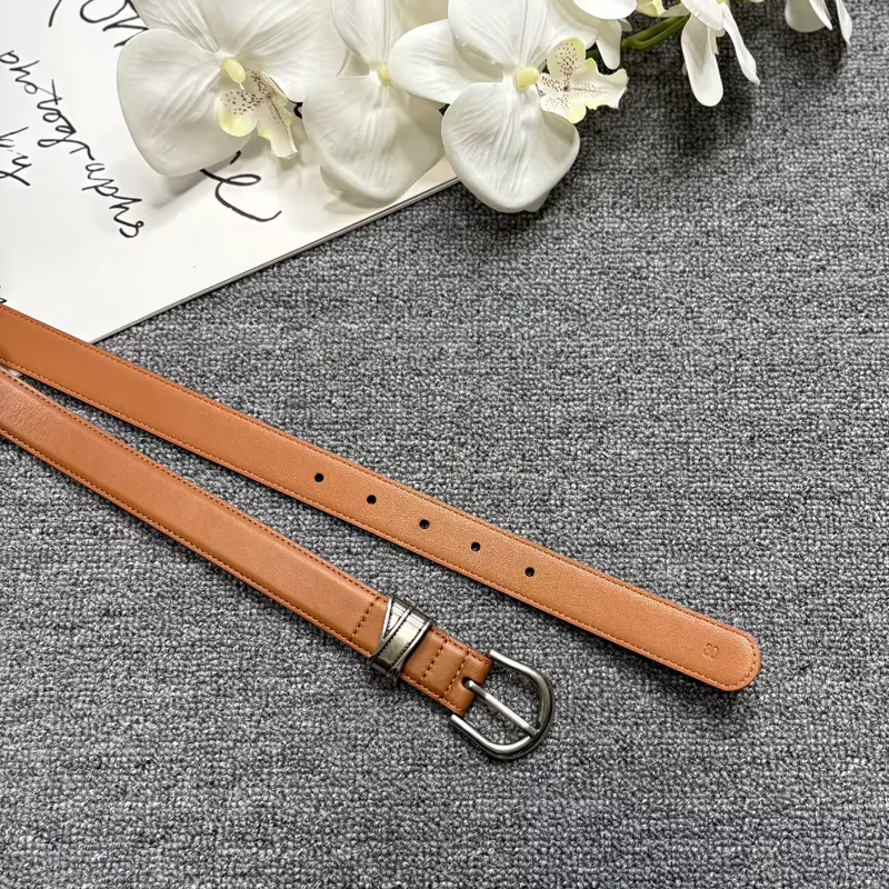 Ancient silver buckle calf leather belt, leather casual fine belt, women's deep brown texture plain weave pants belt