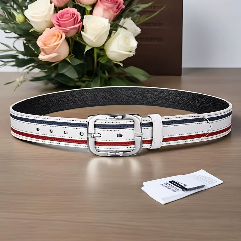 Ceinture pour homme en PU blanc avec design rayé rouge et bleu