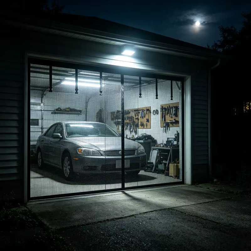Moustiquaire de porte de garage à rayures noires, auto-adhésive sans perçage, en maille respirante pour patio, garage, atelier, style minimaliste
