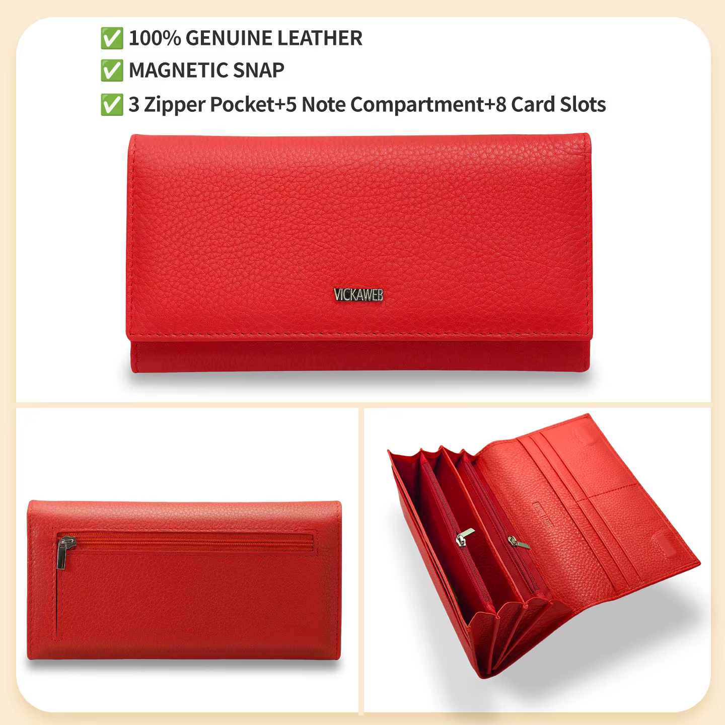 Portefeuille long en cuir véritable pour femme