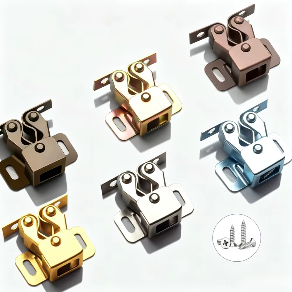 Loquet double à roulettes pour porte de meuble, couleur cuivre antique, avec contre-plaque et vis offertes