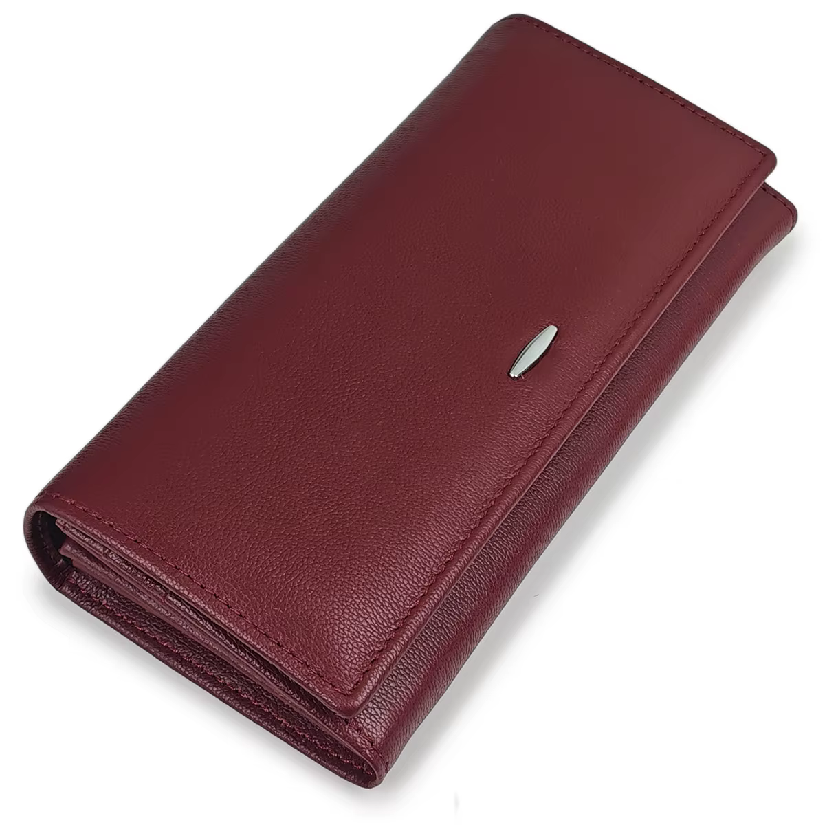 Portefeuille de luxe en cuir rouge vin pour femme – Slim Long à deux volets avec 8 emplacements pour cartes