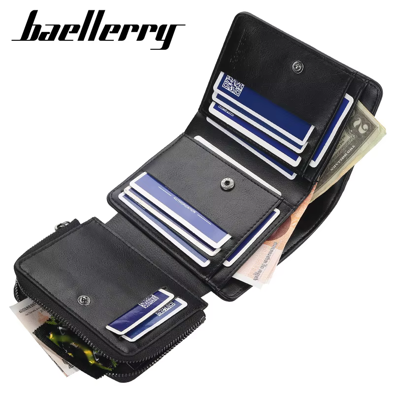Portefeuille pour homme Baellerry en cuir PU avec fermeture éclair de haute qualité, porte-monnaie vintage, design court, porte-cartes, sac à main pour homme