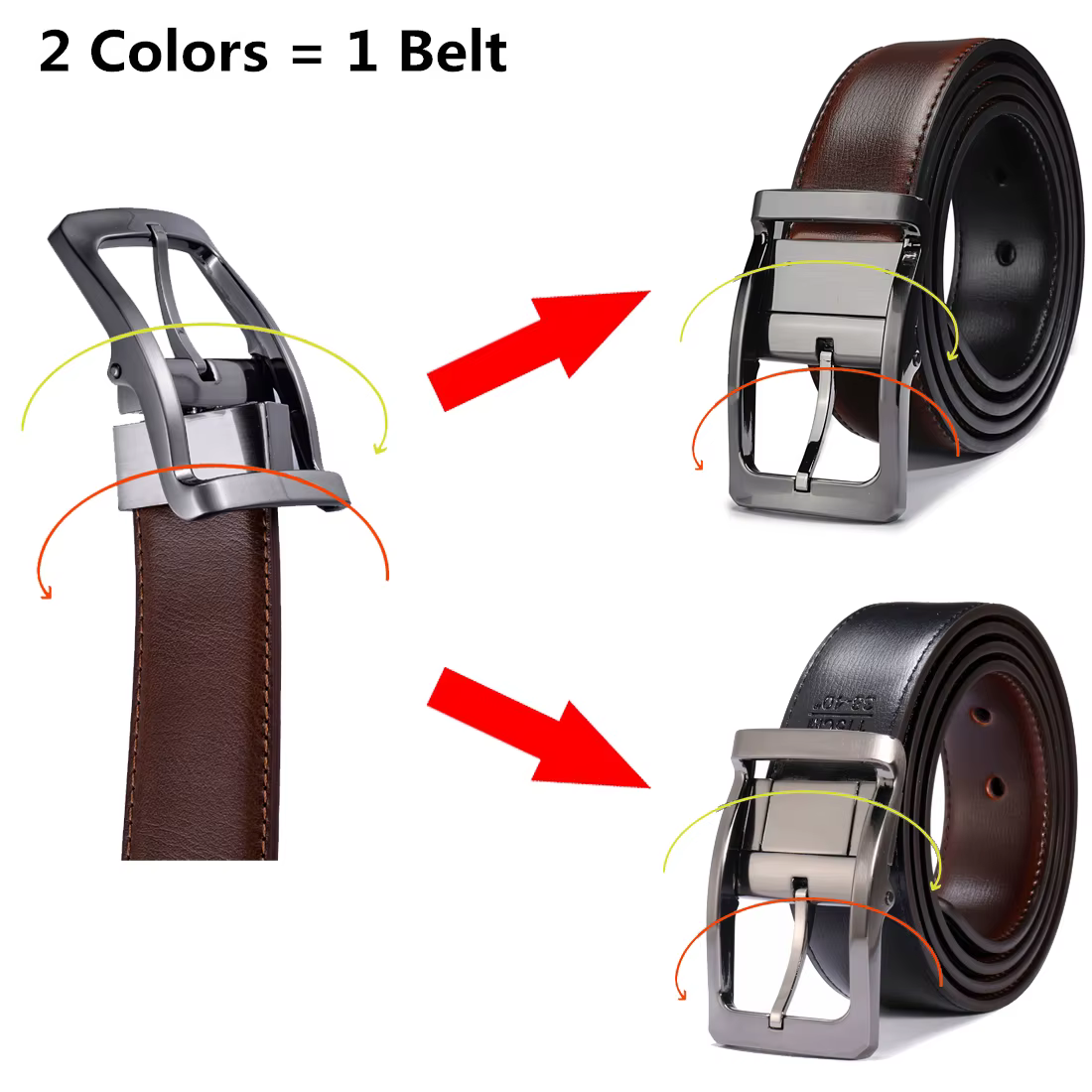 Ceinture réversible en cuir véritable pour hommes, 1 pièce, boucle rotative deux en un, grande et haute