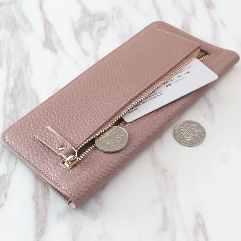 Portefeuille long en cuir véritable pour femme