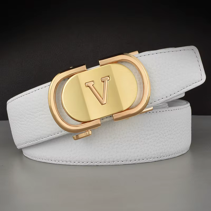 Ceinture en cuir pour hommes, boucle automatique bleue, plus de couleurs réglables, en cuir véritable blanc, ceinture en cuir de vache pour hommes, largeur lettre V