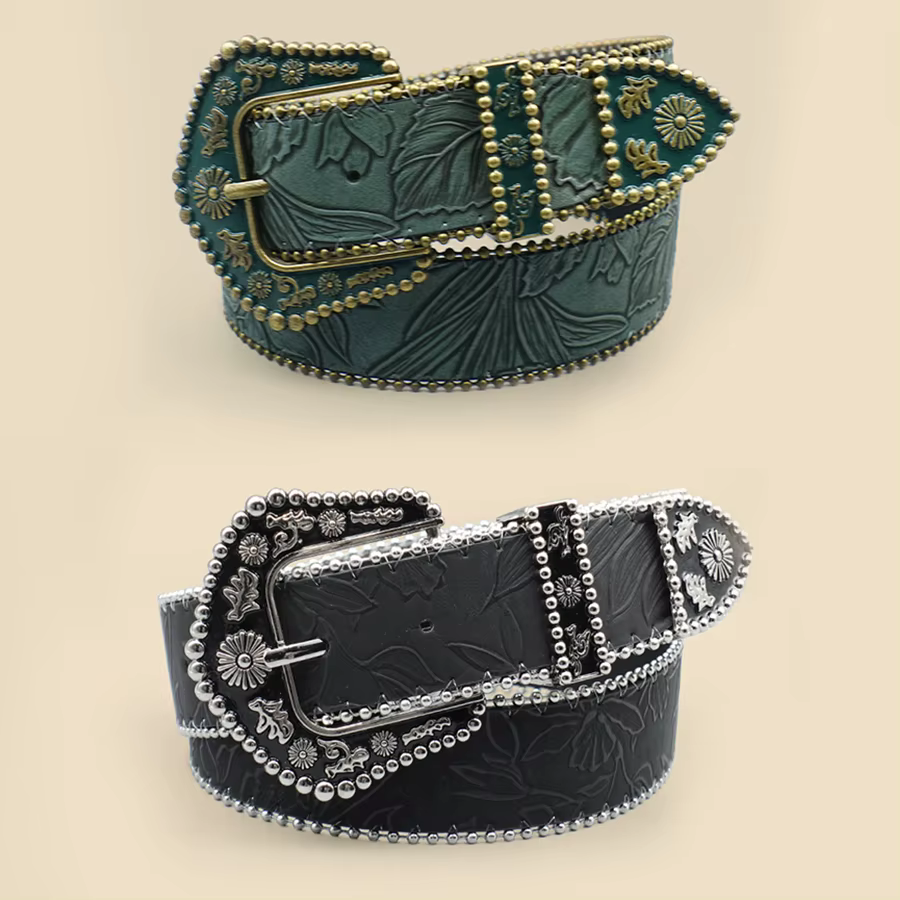 Ceinture bohème pour femme avec accents de perles métalliques – Boucle sculptée vintage et détail de chaîne gravée en feuilles pour une élégance décontractée