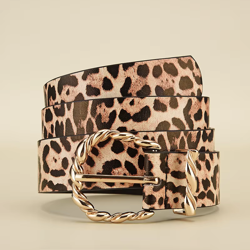 Ceinture en cuir PU à motif léopard rétro pour femmes avec boucle en alliage doré