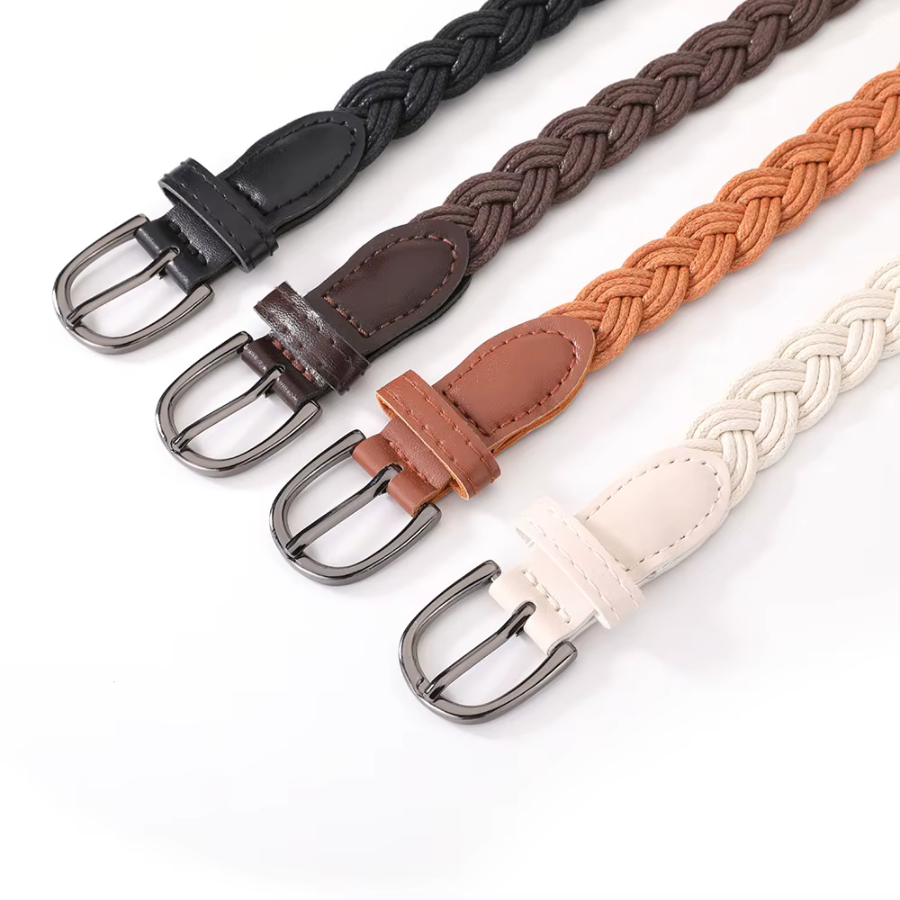 Ceinture fine tressée en corde de chanvre avec décoration de chaîne de taille, boucle noire simple, petite ceinture en cuir avec nœud en corde de cire pour femmes