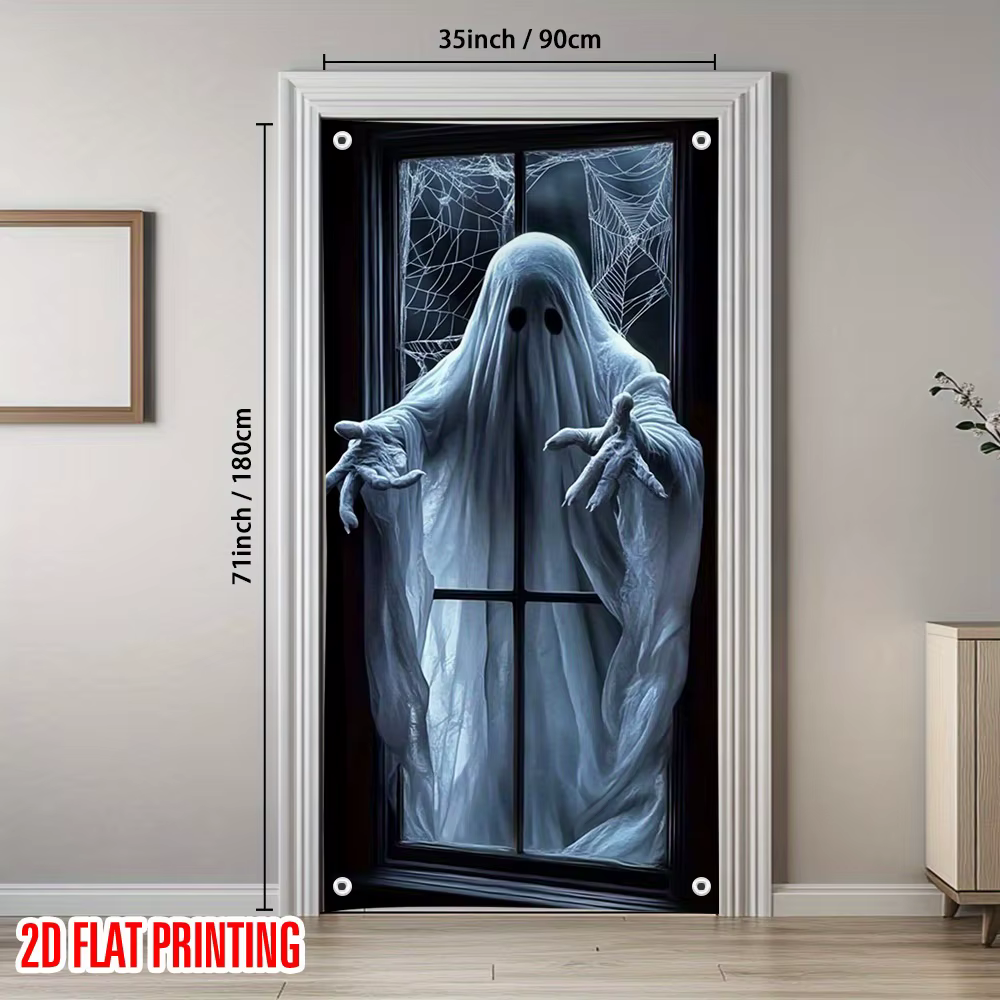 1 bannière de porte d'Halloween 2D - motif fantôme noir et blanc, matériau polyester durable, pour décoration festive