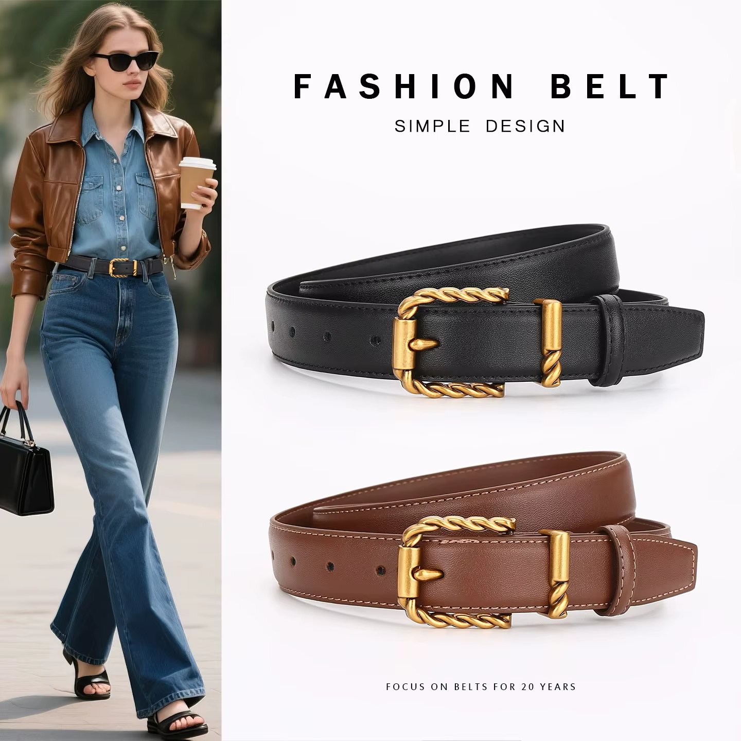 Ceinture pour femmes au look haut de gamme ; en cuir véritable avec une décoration noire tendance et polyvalente ; idéale pour un usage professionnel.