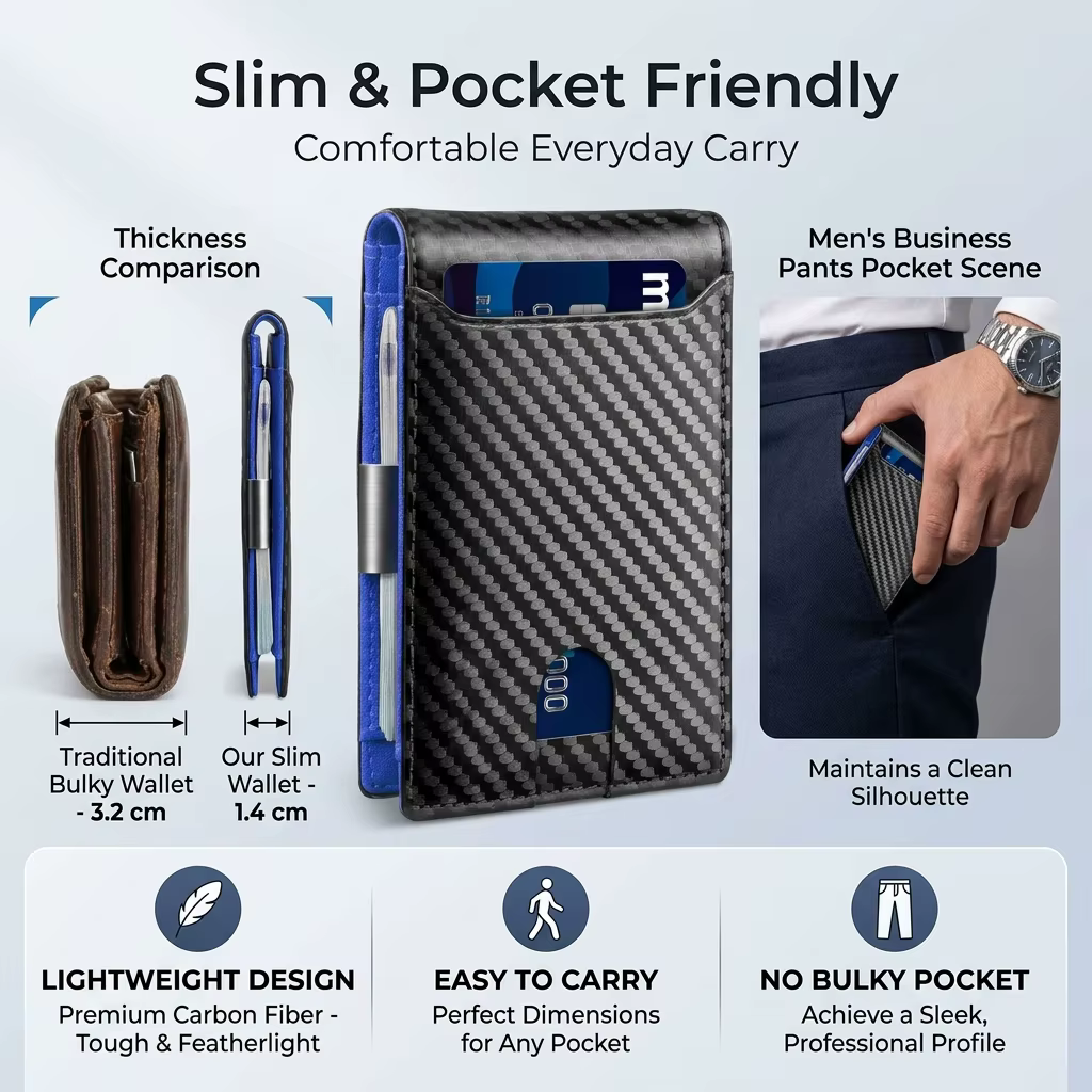 Portefeuille fin en fibre de carbone pour homme, blocage RFID, porte-cartes minimaliste, pince à billets en métal, portefeuille fin à double pli