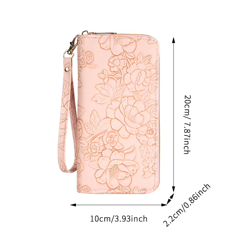 Portefeuille long pour femme en cuir gaufré floral - Porte-carte de crédit avec fente pour téléphone