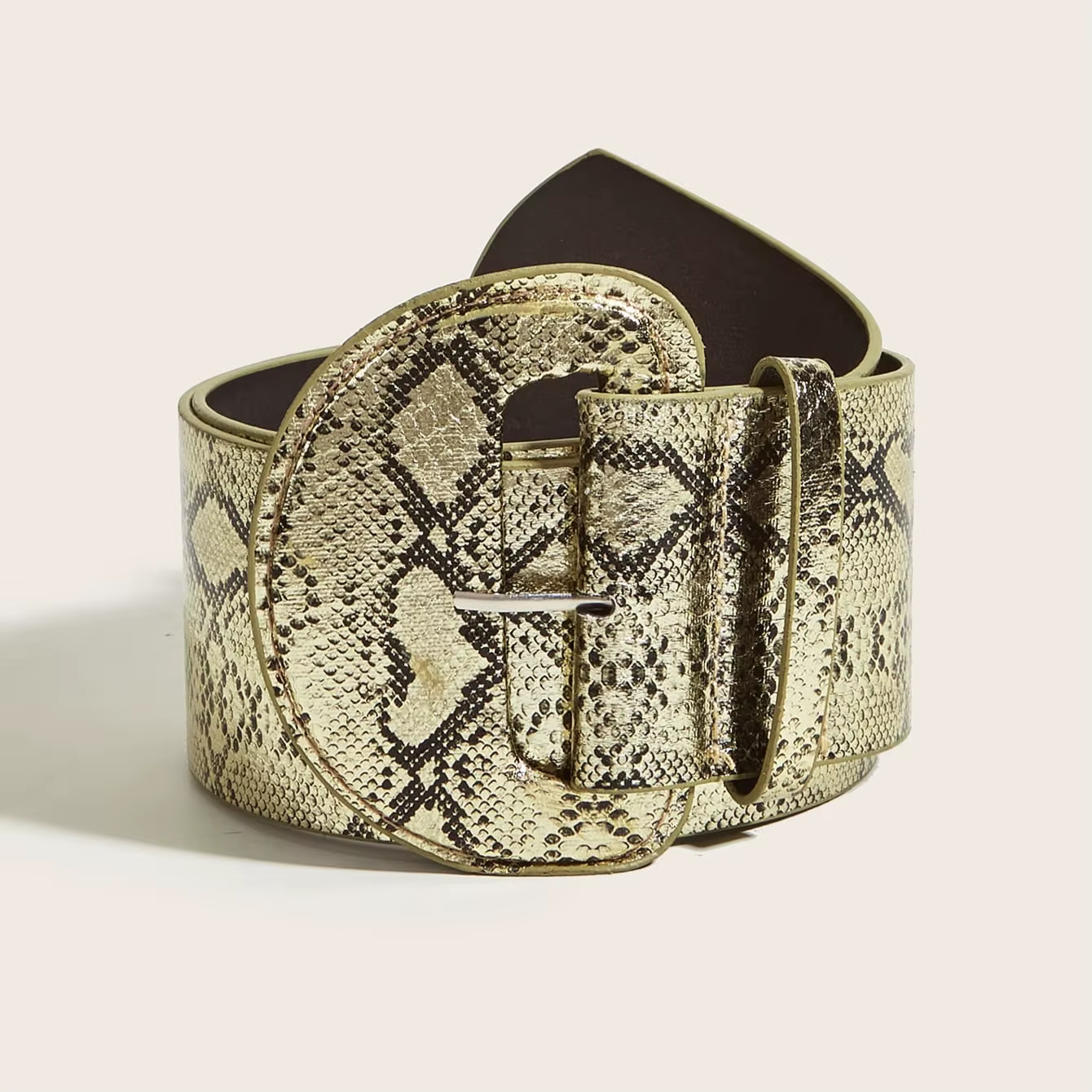 Ceinture large en cuir imprimé python doré avec grande boucle pour femme