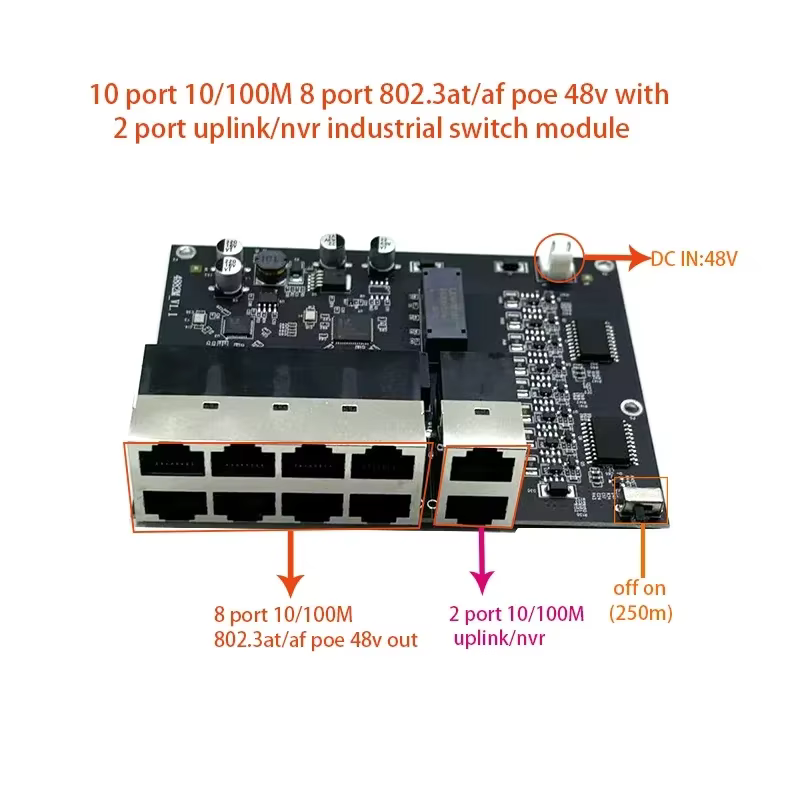 10 ports 10/100 M 8 ports 802.3at/af poe entrée/sortie 48 v avec liaison montante 2 ports/module de commutation industrielle nvr