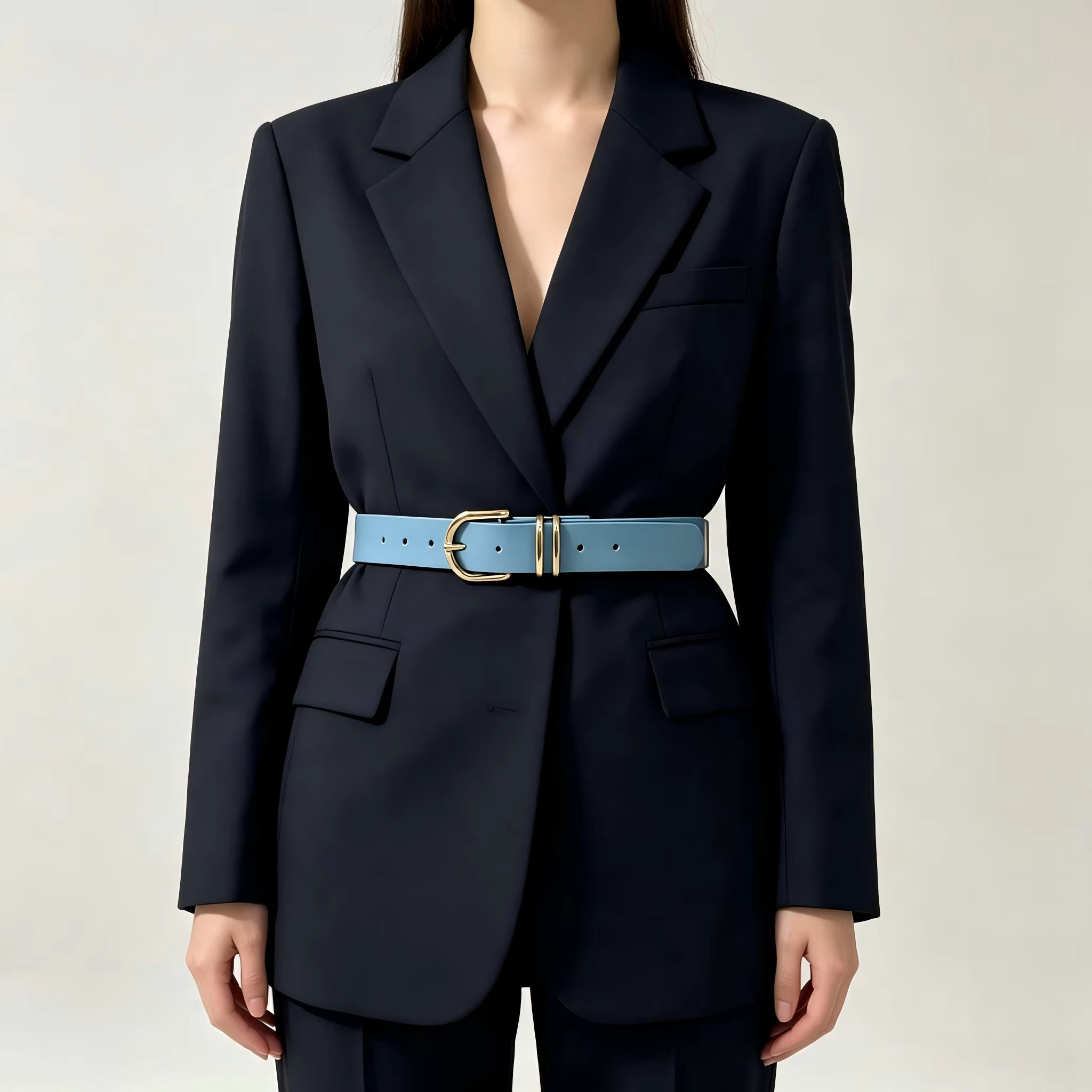 Une ceinture pour femme en bleu pur avec doubles boucles en métal, simple et polyvalente, parfaite pour les vacances et les loisirs, style bohème.