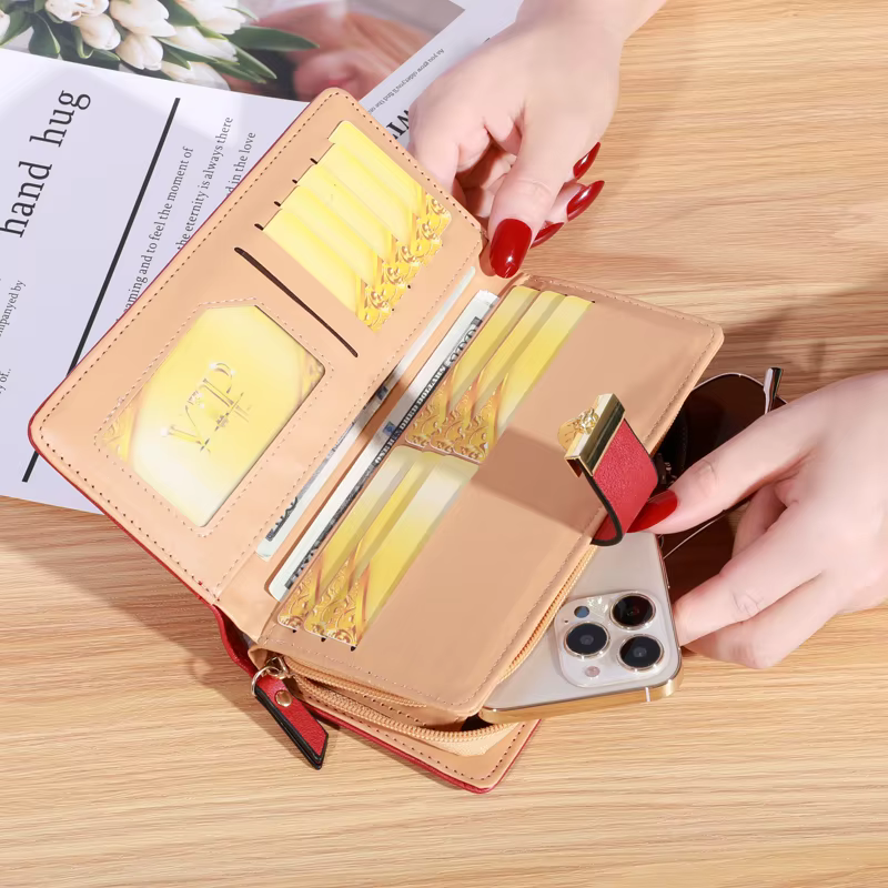 Portefeuille long en cuir PU pour femme, motif feuilles dorées ajourées, pochette, sac à main, porte-monnaie, porte-cartes, pochette de soirée