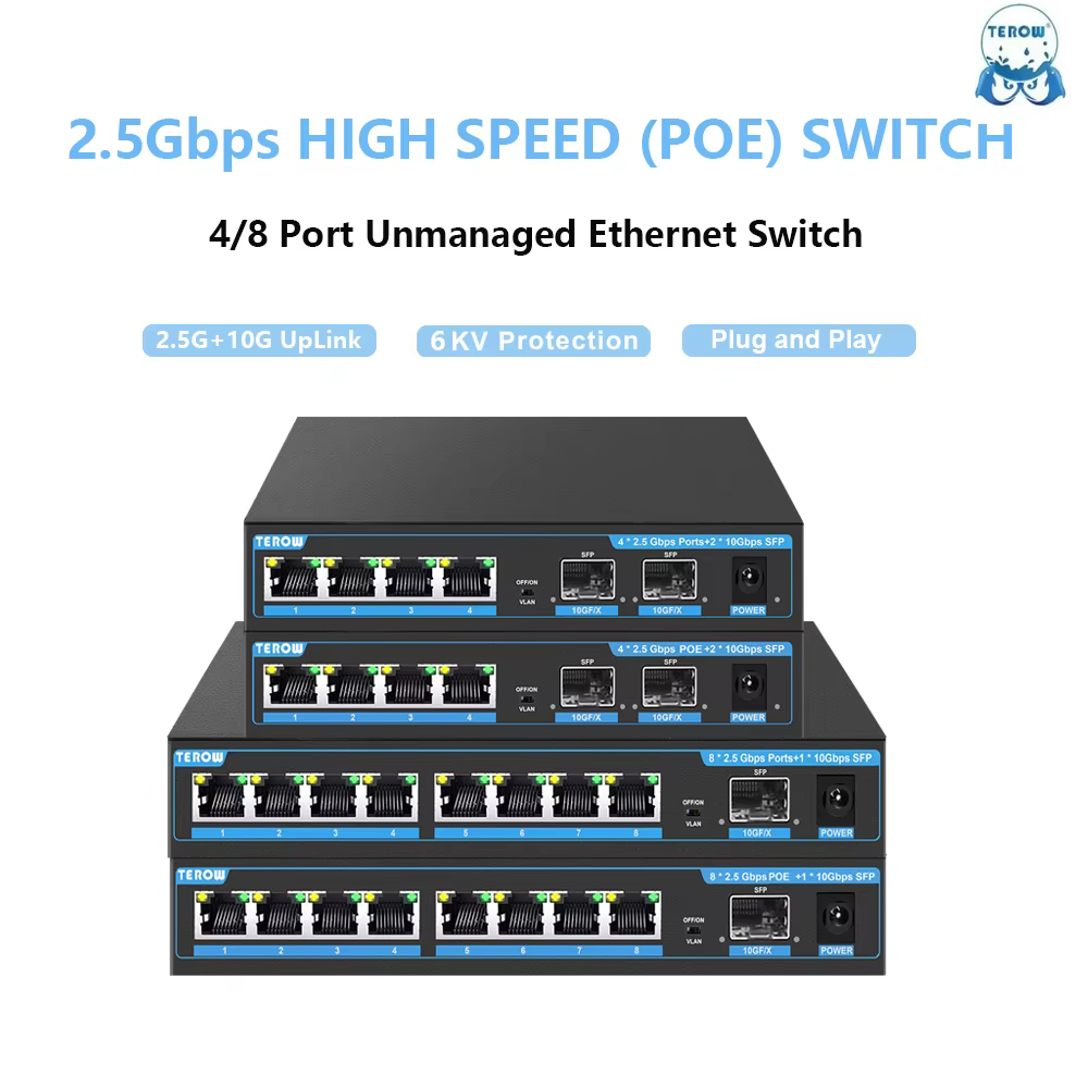 TEROW-Commutateur réseau Ethernet non géré, prise en charge des déchets VLAN, 2.5 ports, 4/8 Gbps, 2.5G, 10G, 1/2G, POE +, Gigabit
