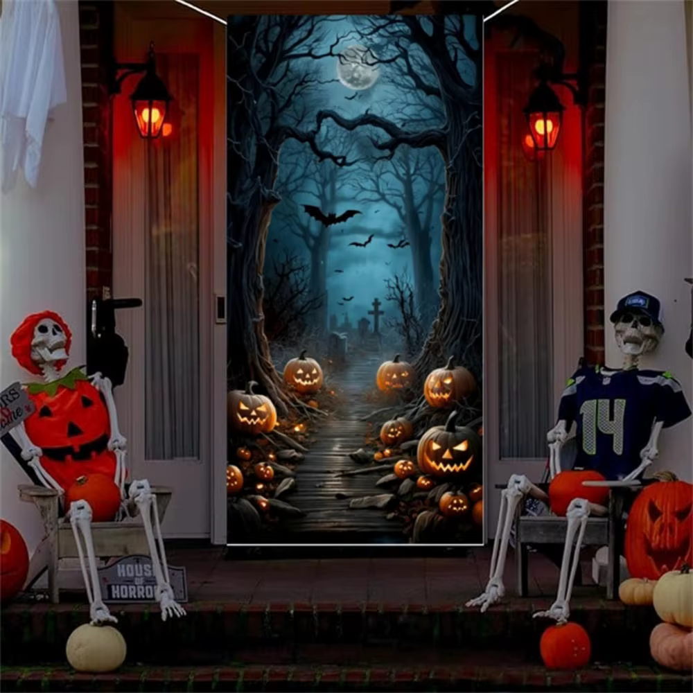 Décorations de porte d'Halloween, lune d'horreur, nuit, arbre mort, cimetière effrayante, citrouilles, bannière de couverture de porte, porte d'entrée d'Halloween, porche arrière