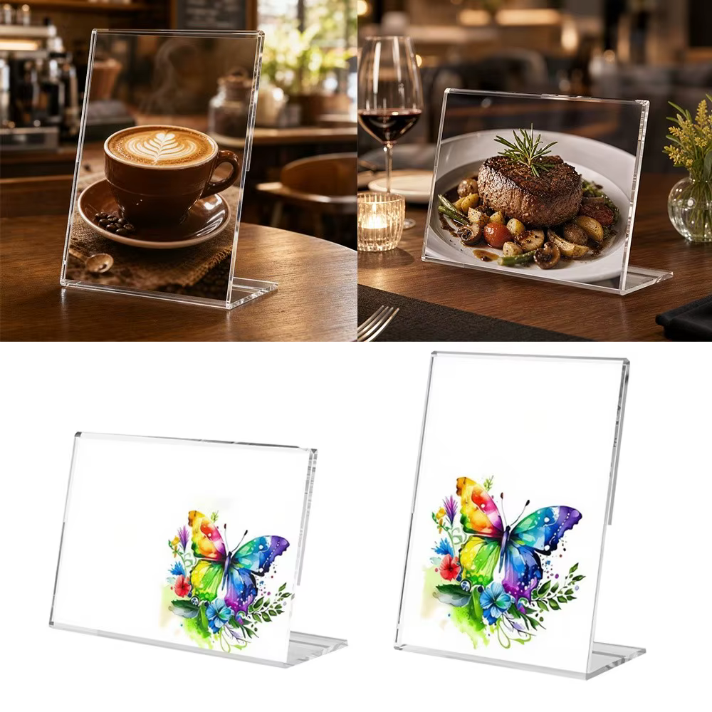 Nouveau porte-affiche de table A4/A5 transparent double face, support de menu en papier, cadre publicitaire en L, porte-cartes