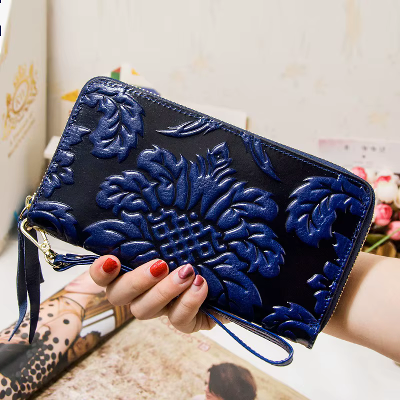 Portefeuille floral en cuir de vache véritable pour femme, sac à main vintage pour femme, pochette de grande capacité