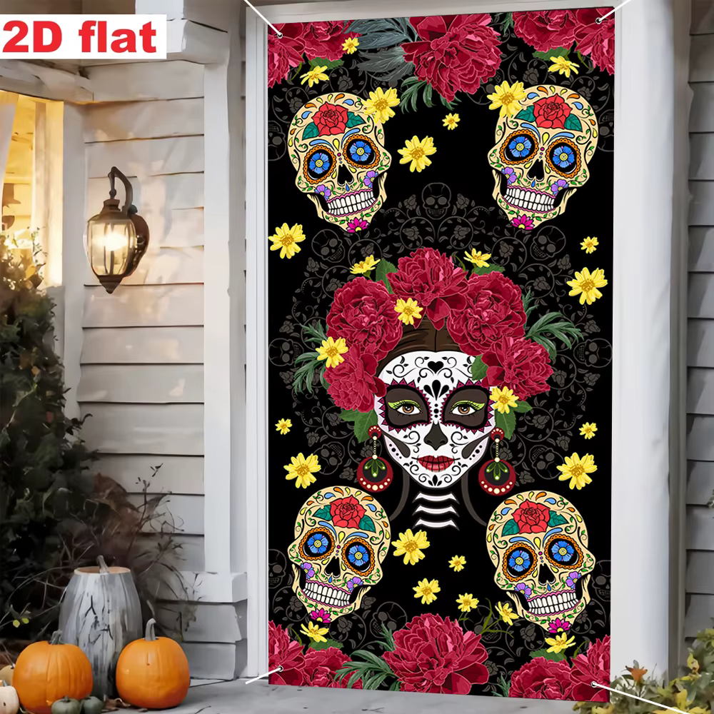 Housse de porte et toile de fond suspendue pour le Jour des Morts, motif floral tête de mort mexicaine, pour Halloween, décoration de porte d'entrée, mur, fenêtre, fournitures de fête