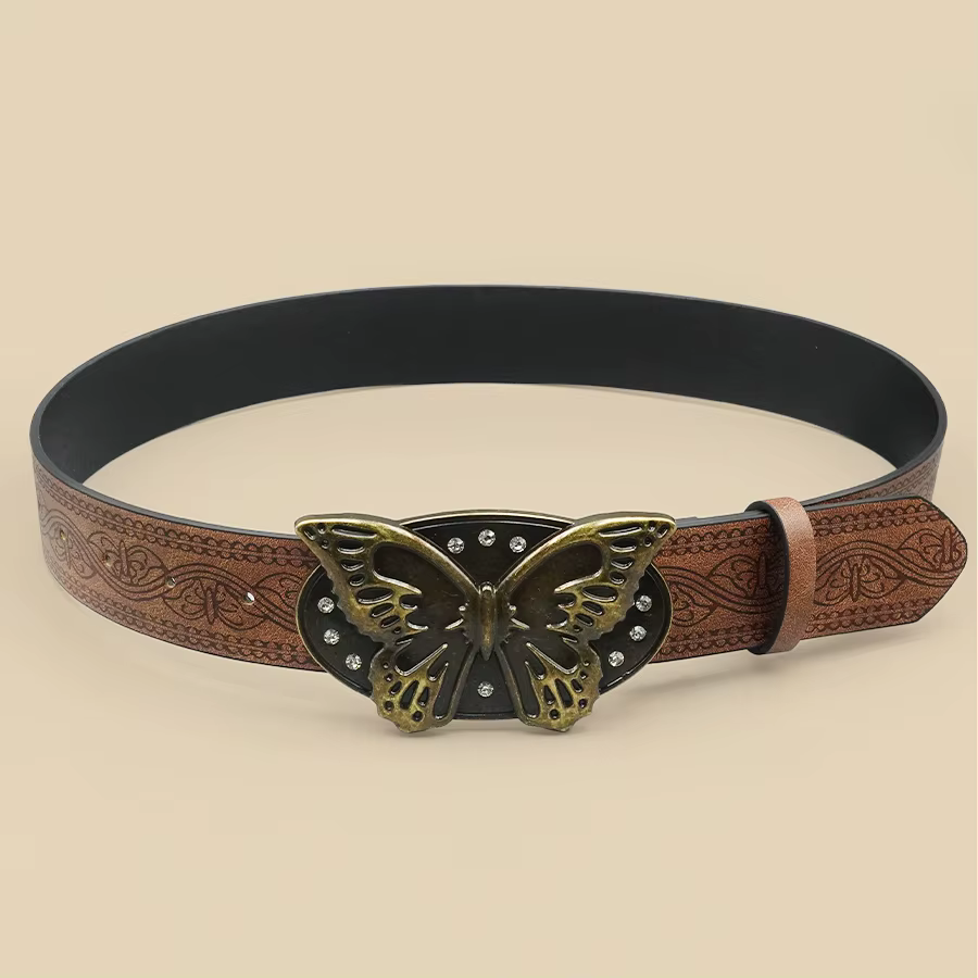 Ceinture papillon rétro Brown Street Punk – Boucle papillon en strass