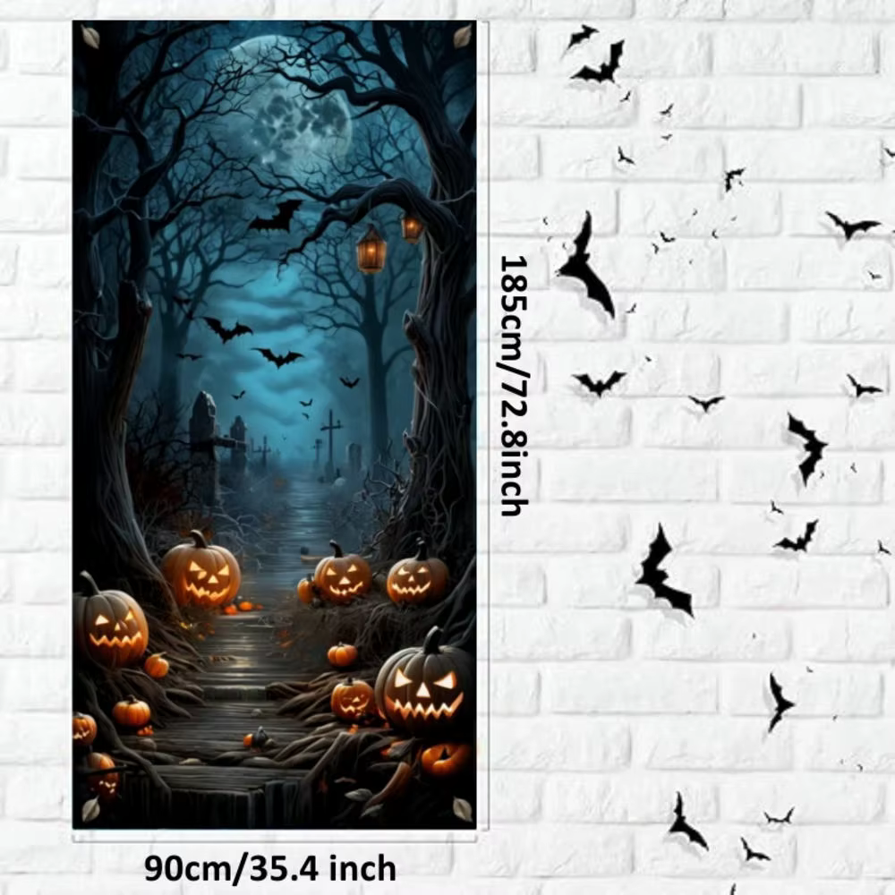 Décorations de porte d'Halloween, lune d'horreur, nuit, arbre mort, cimetière effrayante, citrouilles, bannière de couverture de porte, porte d'entrée d'Halloween, porche arrière