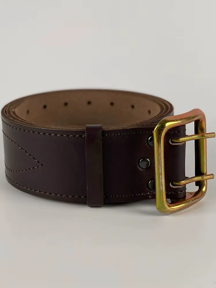 Ceinture en cuir de vachette à double boucle métallique russe, noir et marron