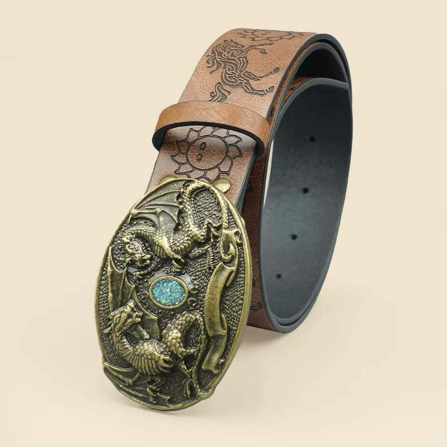 Ceinture décontractée marron de style européen avec motif de dragon rétro sculpté et boucle incrustée de pierres