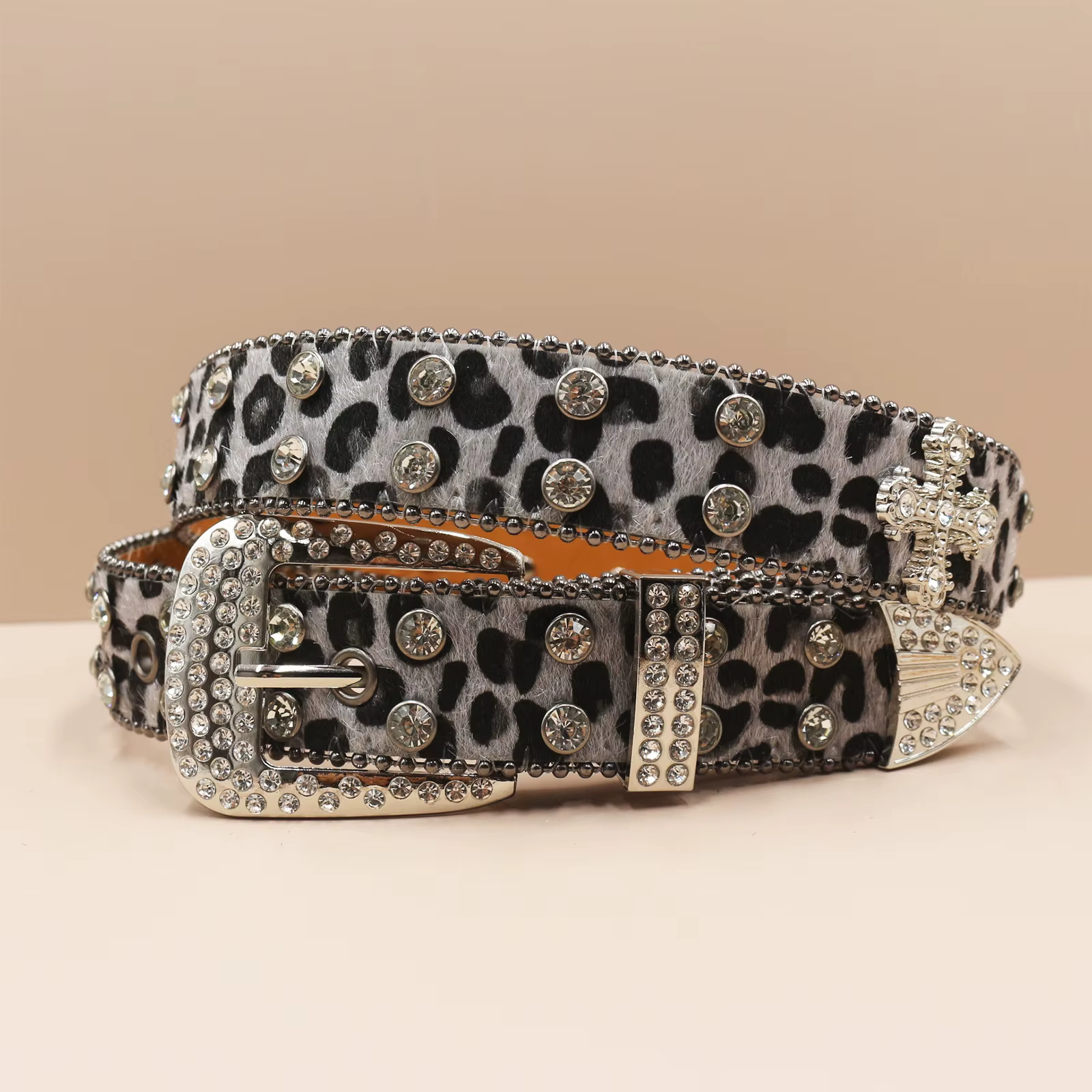 Ceinture en cuir à imprimé léopard et strass pour hommes et femmes