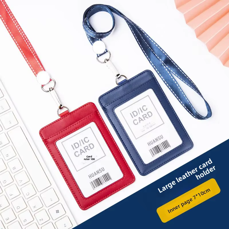 Porte-badge en cuir véritable grande taille avec cordon