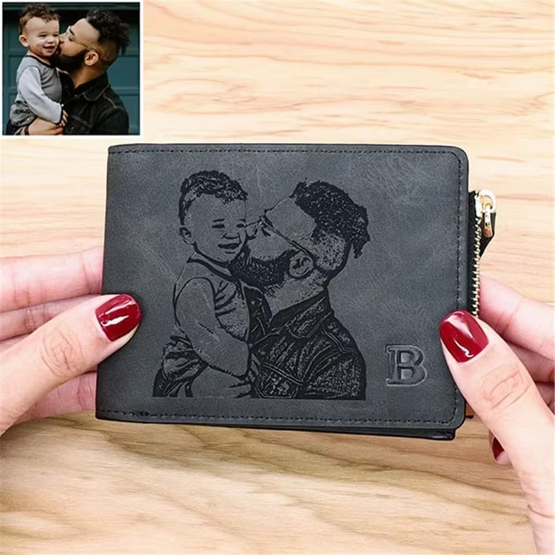 Portefeuille photo personnalisé pour hommes, image et texte gravés, cadeau de fête des pères, poche pour pièces de monnaie à fermeture éclair |   Meilleur cadeau de Noël pour mari/pai