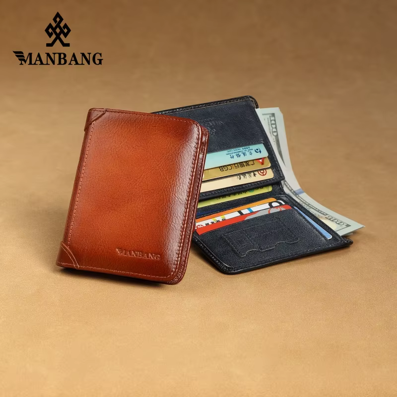 Manbang – portefeuille à trois volets en cuir véritable pour homme