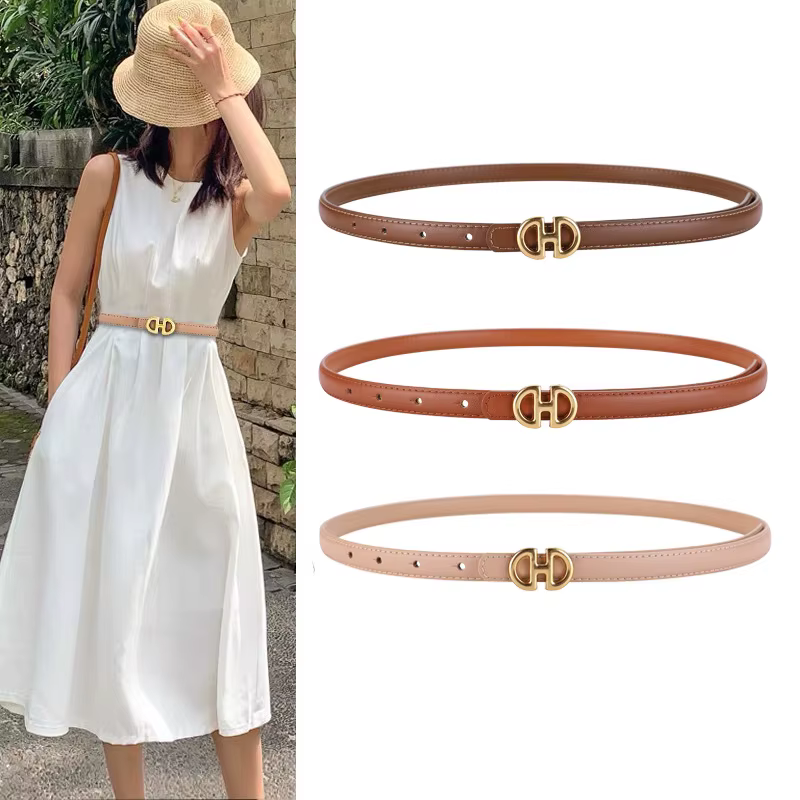 Ceinture fine en cuir véritable pour femmes, mode de luxe, peau de vache de haute qualité, costume décoratif, robe d'été, ceinture fine étroite noire