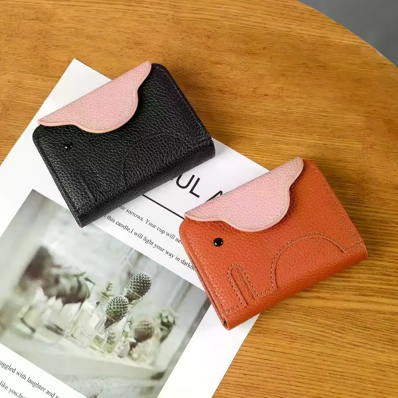 Portefeuille portable en cuir motif éléphant de dessin animé pour femme