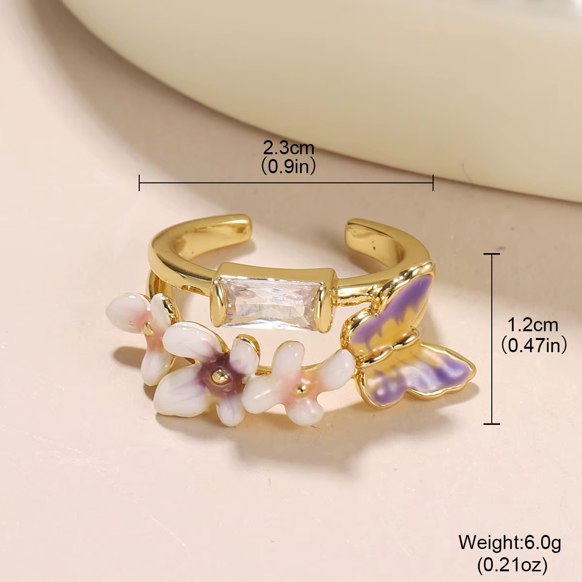 Bague Fleur Papillon pour Femme, Bague Ouverte Plaquée Or avec Papillon Violet et Fleurs en Émail Rose, Zircone Cubique
